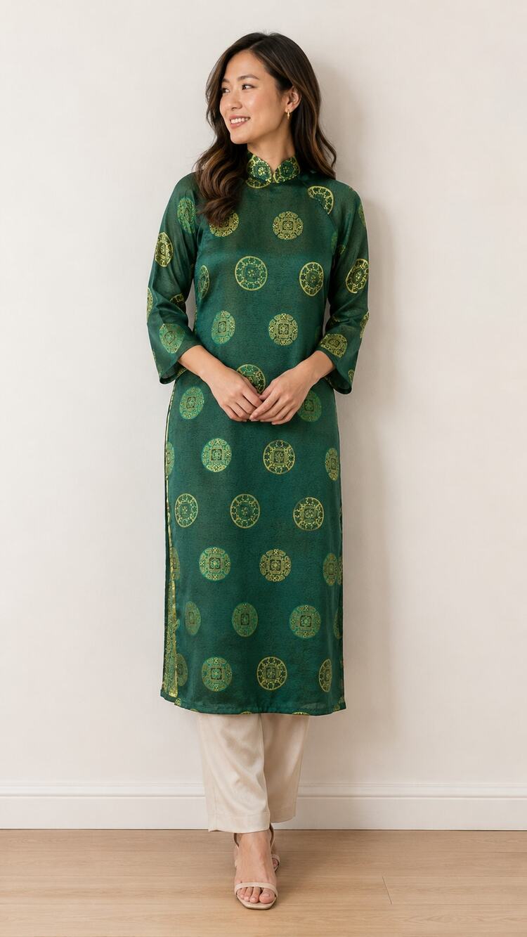 Dan273 Vintage Asian Inspired Green Gold Brocade Tunic Dress Size Small